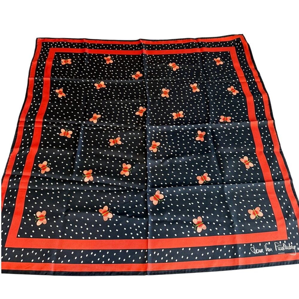 Vintage Diane Von Furstenberg Silk Scarf Black Orange Polka Dot Print